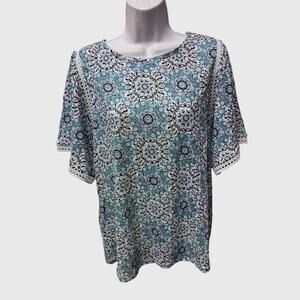 LOFT Blue Medallion Linen Flutter Sleeve Top XL NWT